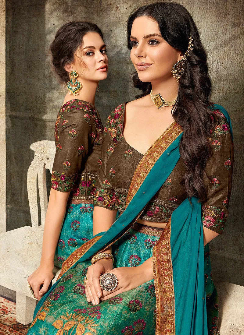 Turquoise And Brown Embroidered Wedding Lehenga/ Gown