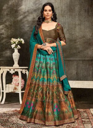 Turquoise And Brown Embroidered Wedding Lehenga/ Gown