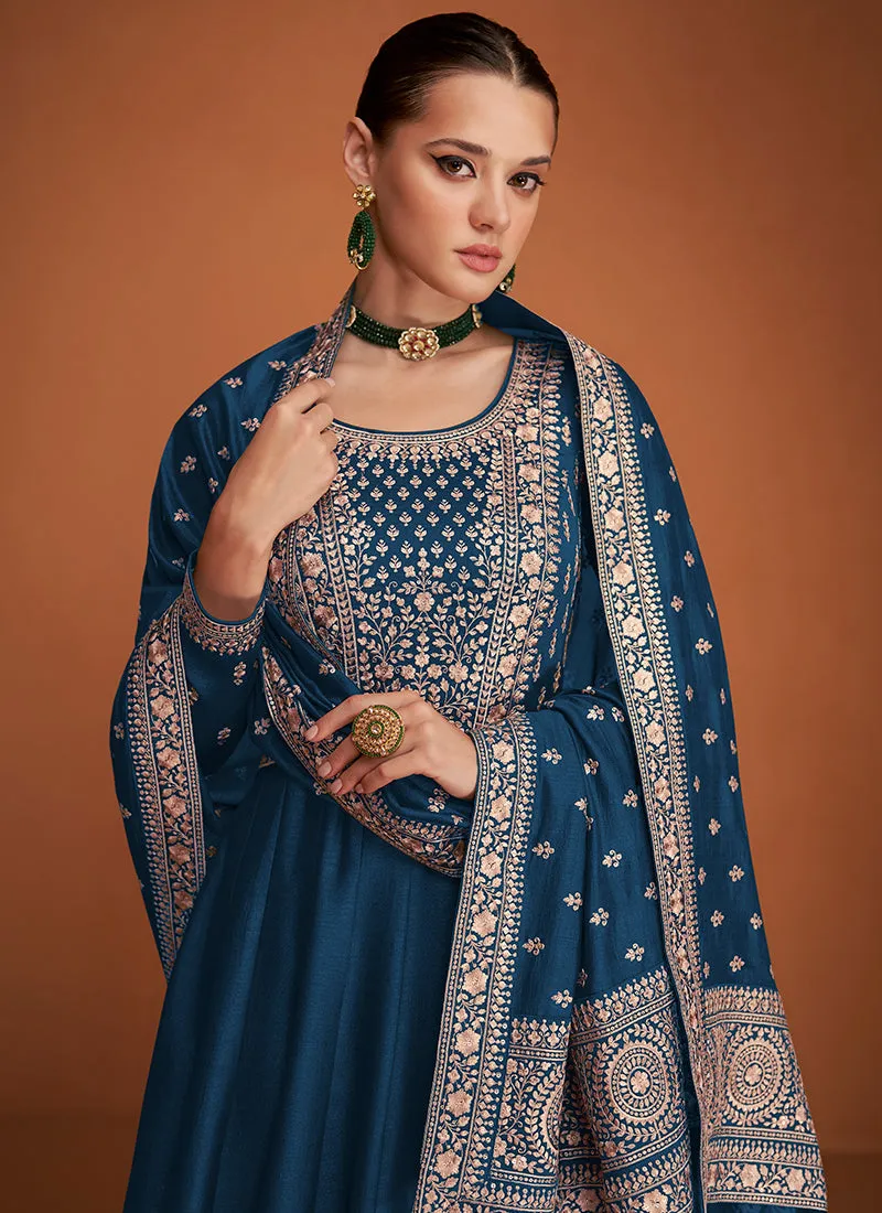Turquoise Embroidery Traditional Anarkali Gown