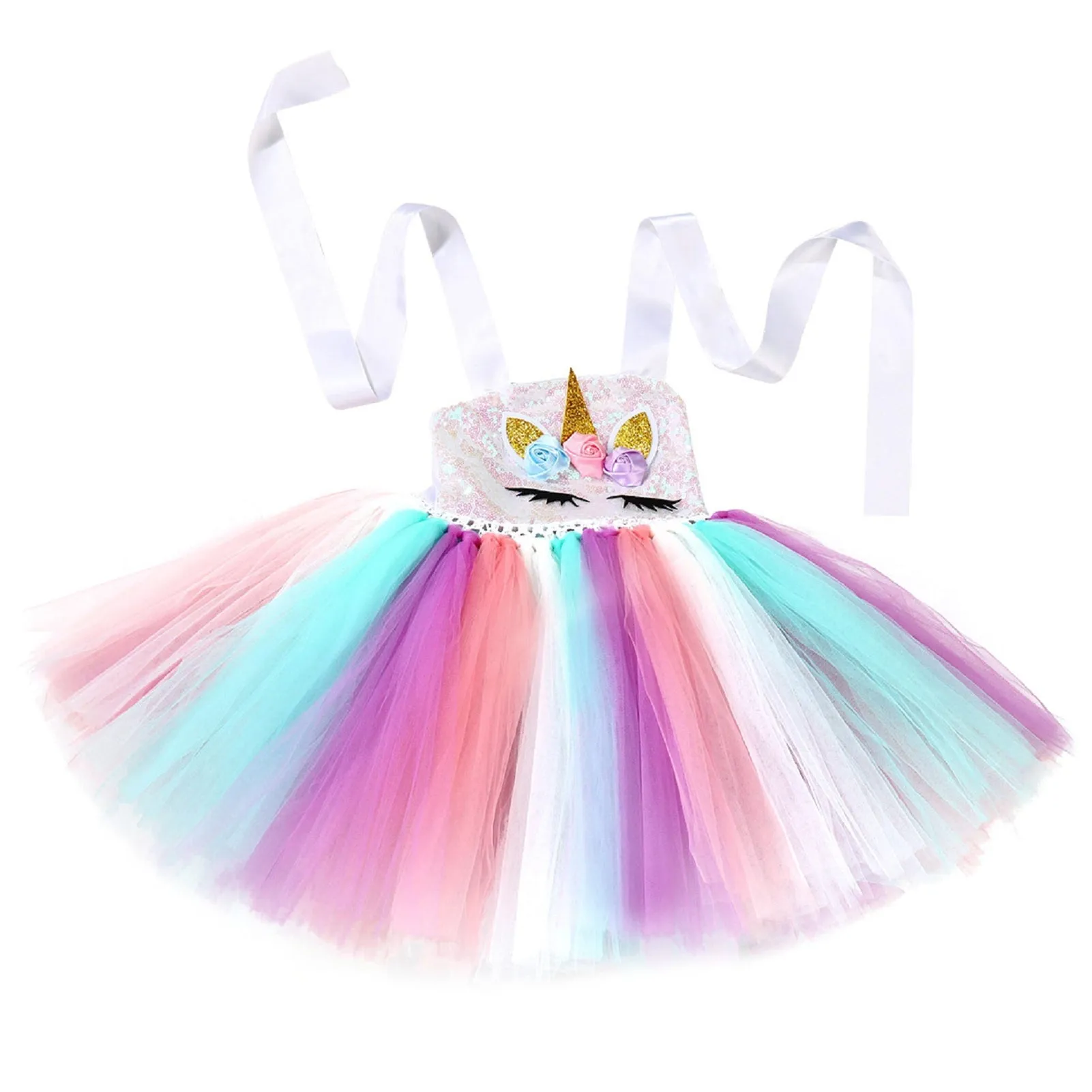 Tutu rainbow unicorn dress for party girls - Including 1 headband,festival costumes with birthday,halloween,recital