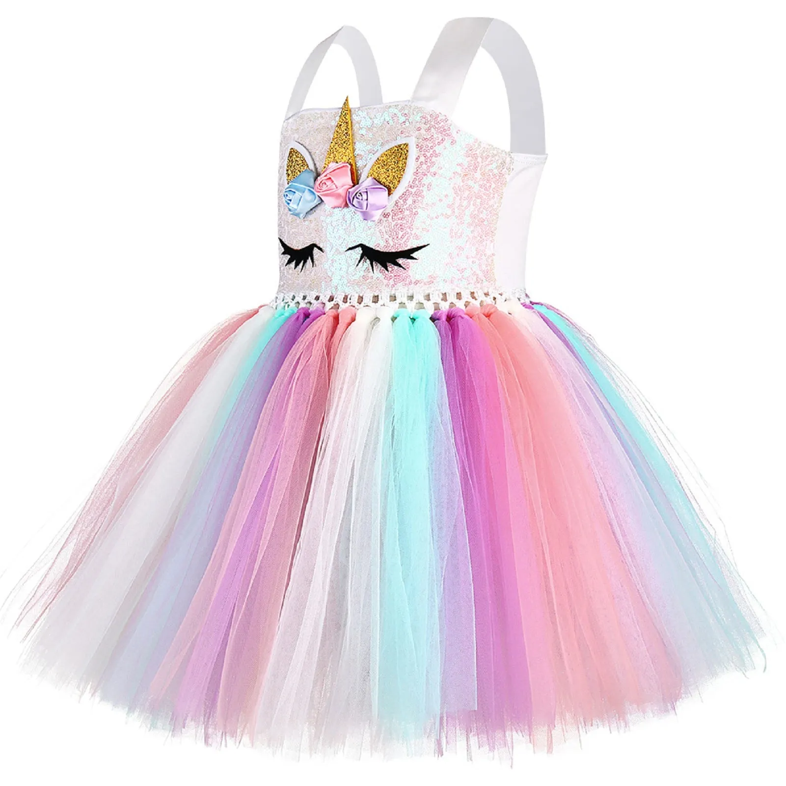 Tutu rainbow unicorn dress for party girls - Including 1 headband,festival costumes with birthday,halloween,recital