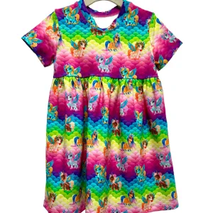 Unicorn Rainbow Print Gathered Short Sleeve Play Dress Stretch Knit