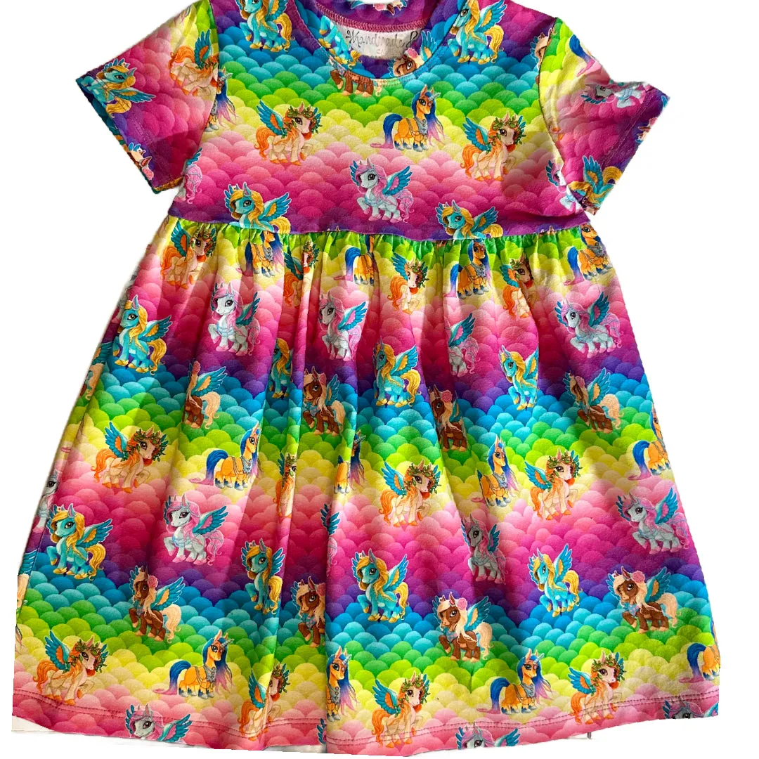 Unicorn Rainbow Print Gathered Short Sleeve Play Dress Stretch Knit