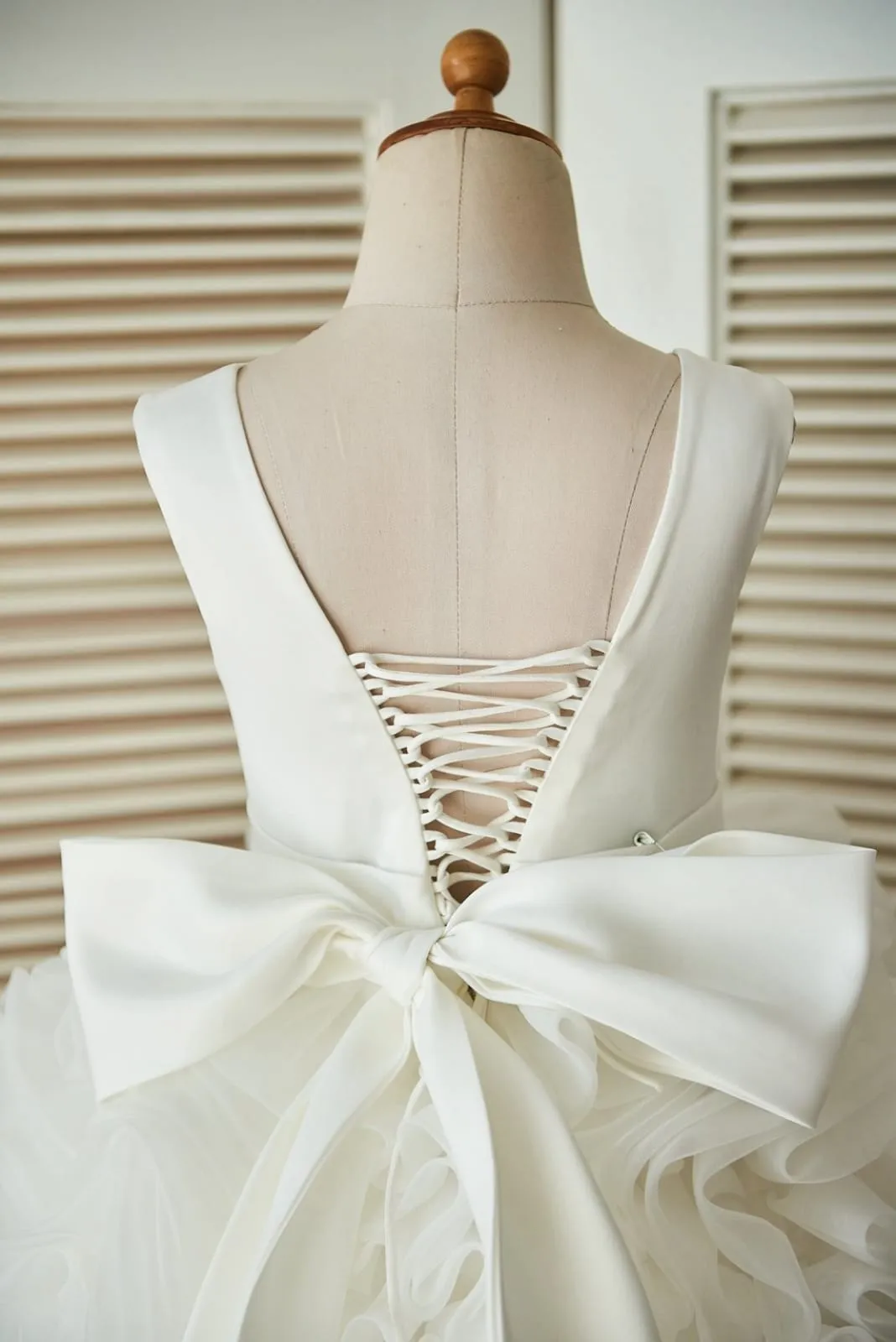 V Back Ivory Satin Organza Ball Gown Wedding Flower Girl Dress
