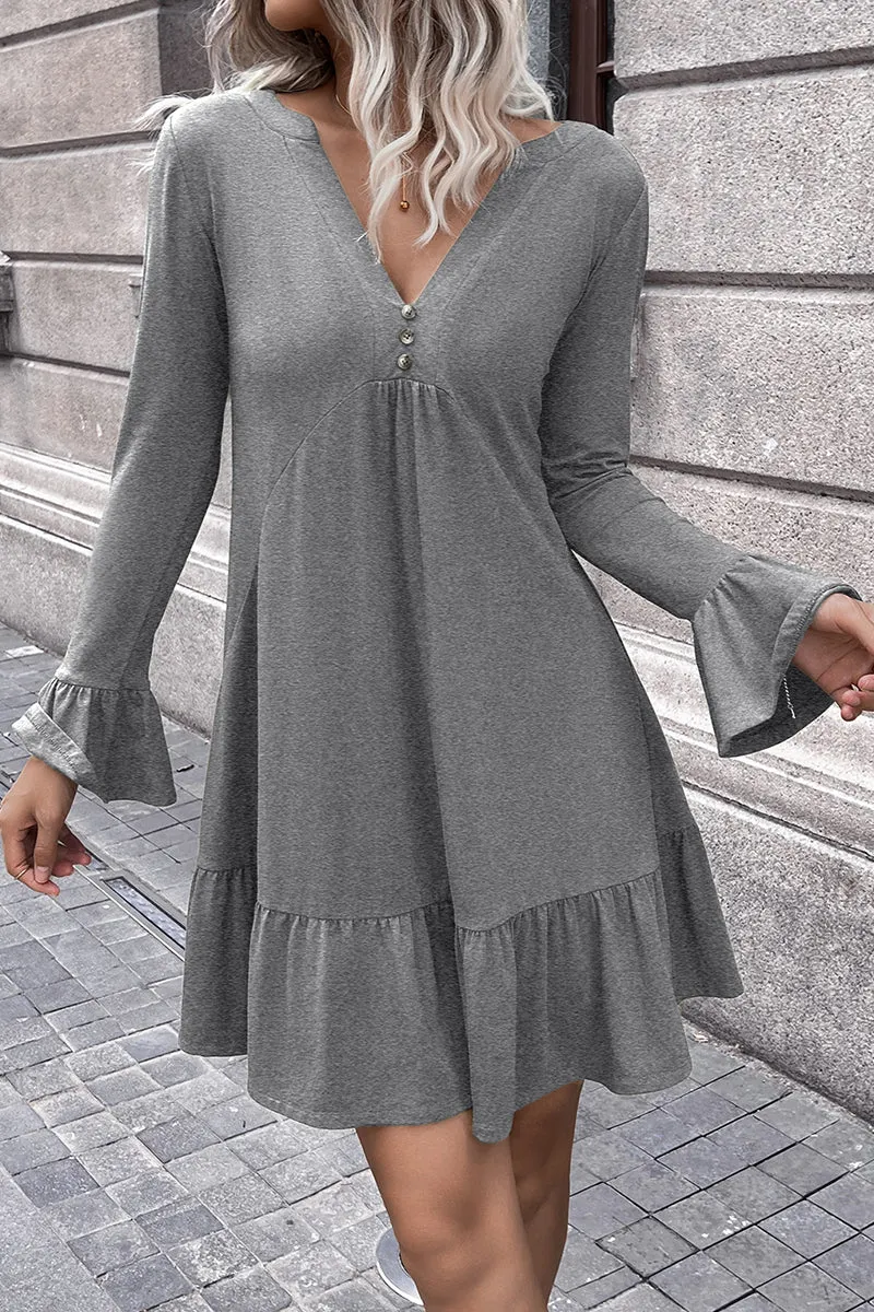 V-Neck Flounce Sleeve Ruffle Hem Mini Dress (3 Colors)