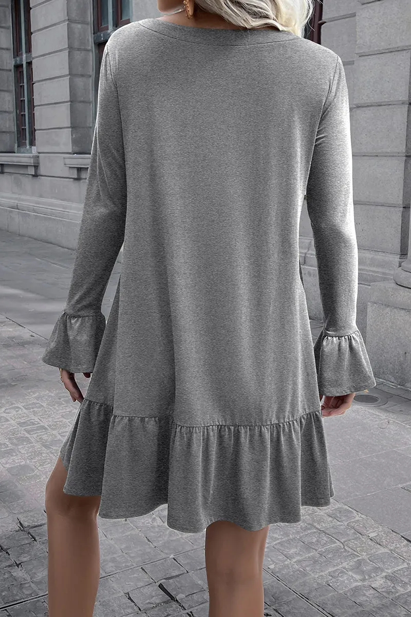 V-Neck Flounce Sleeve Ruffle Hem Mini Dress (3 Colors)