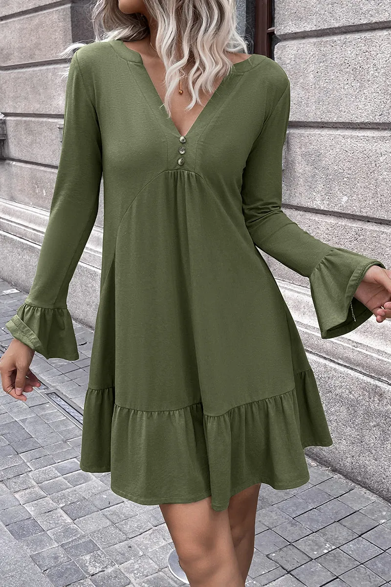 V-Neck Flounce Sleeve Ruffle Hem Mini Dress (3 Colors)