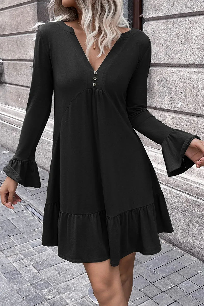 V-Neck Flounce Sleeve Ruffle Hem Mini Dress (3 Colors)