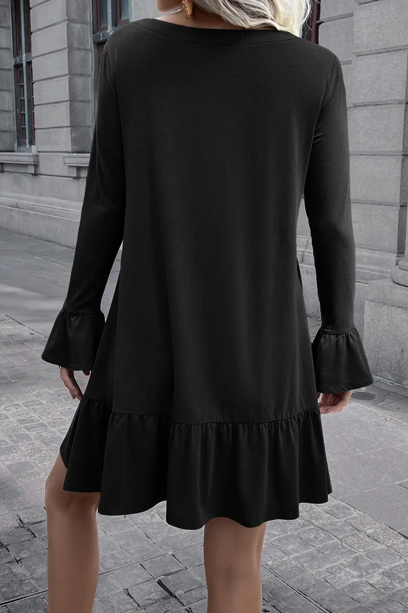 V-Neck Flounce Sleeve Ruffle Hem Mini Dress (3 Colors)