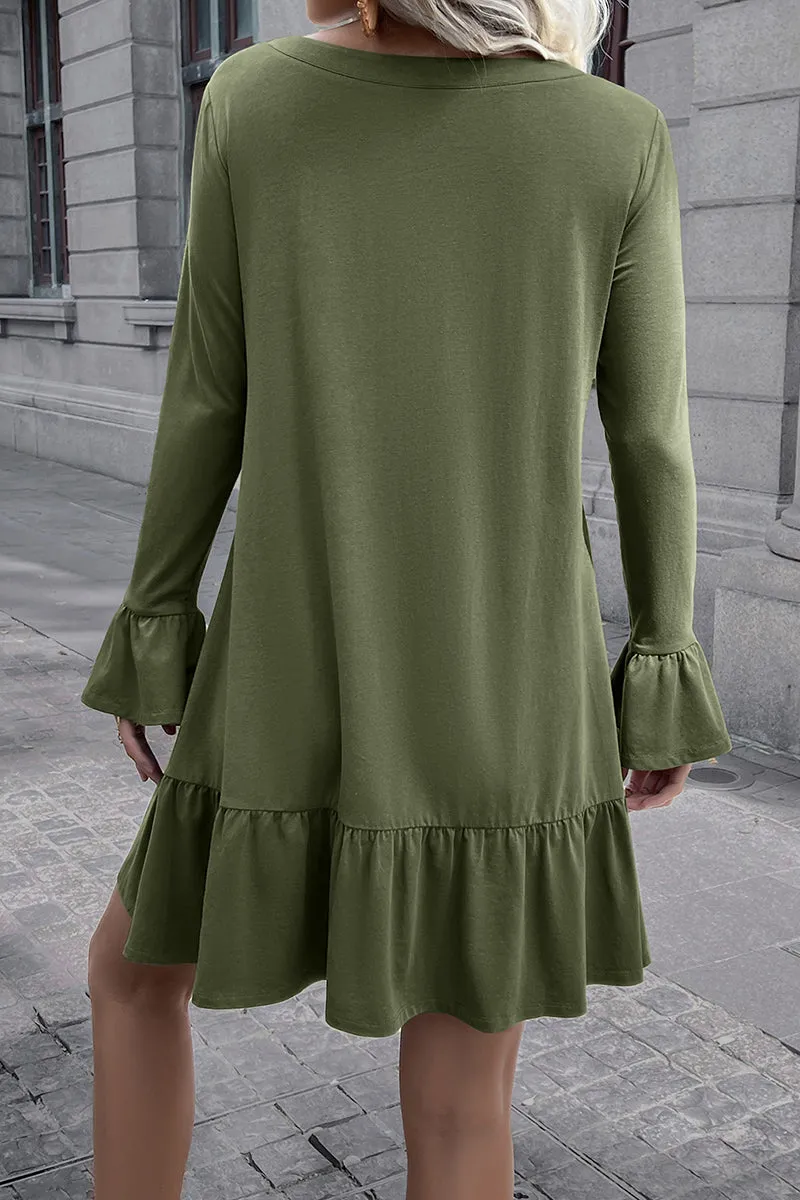 V-Neck Flounce Sleeve Ruffle Hem Mini Dress (3 Colors)