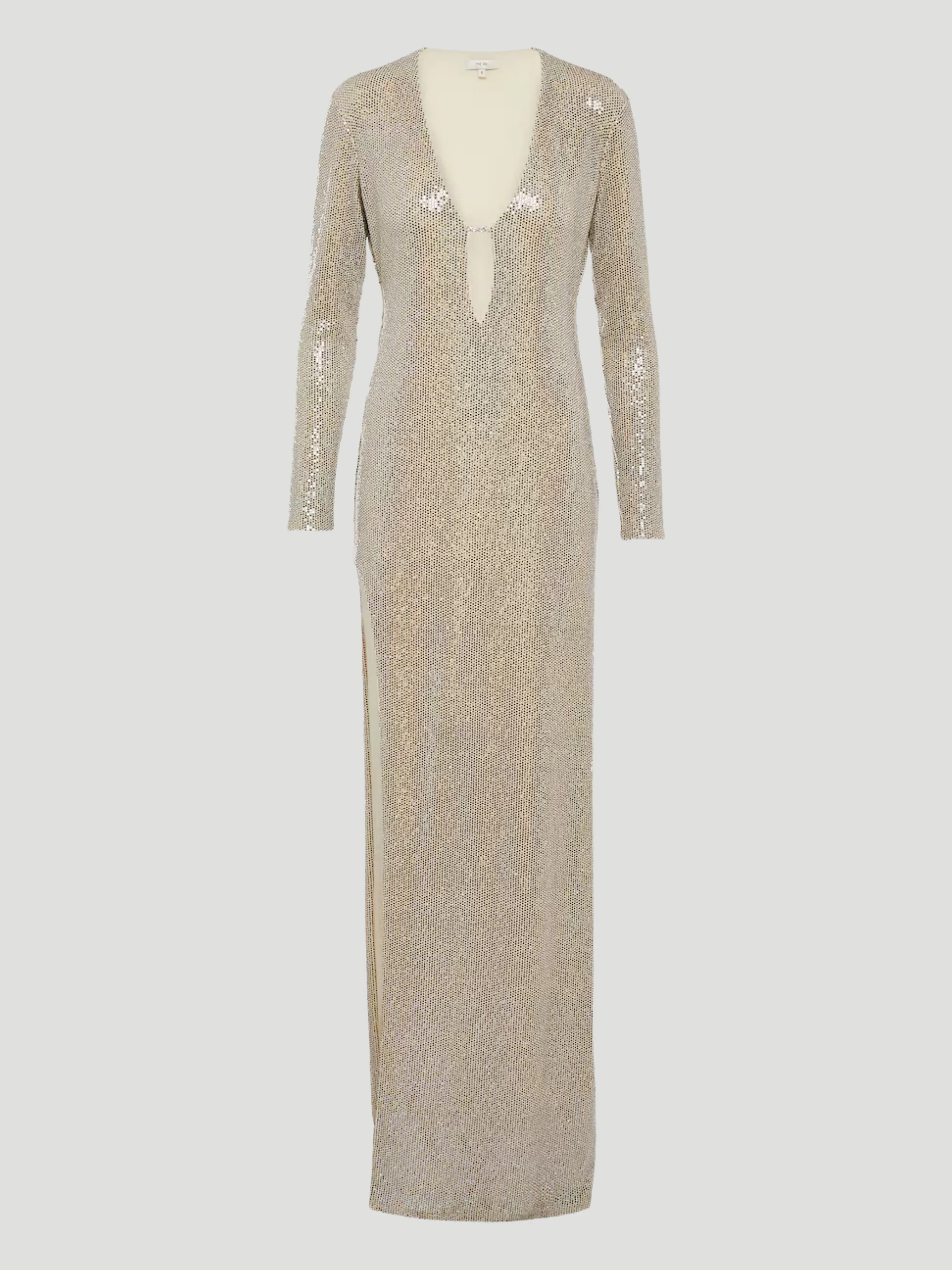 V-Neck Sequin Jersey Split Gown in Silver