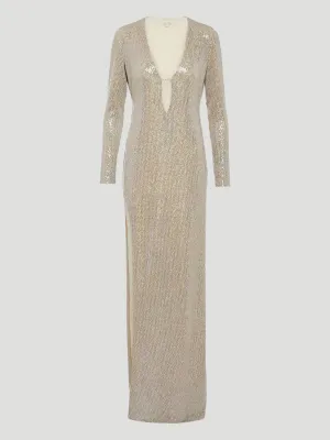 V-Neck Sequin Jersey Split Gown in Silver
