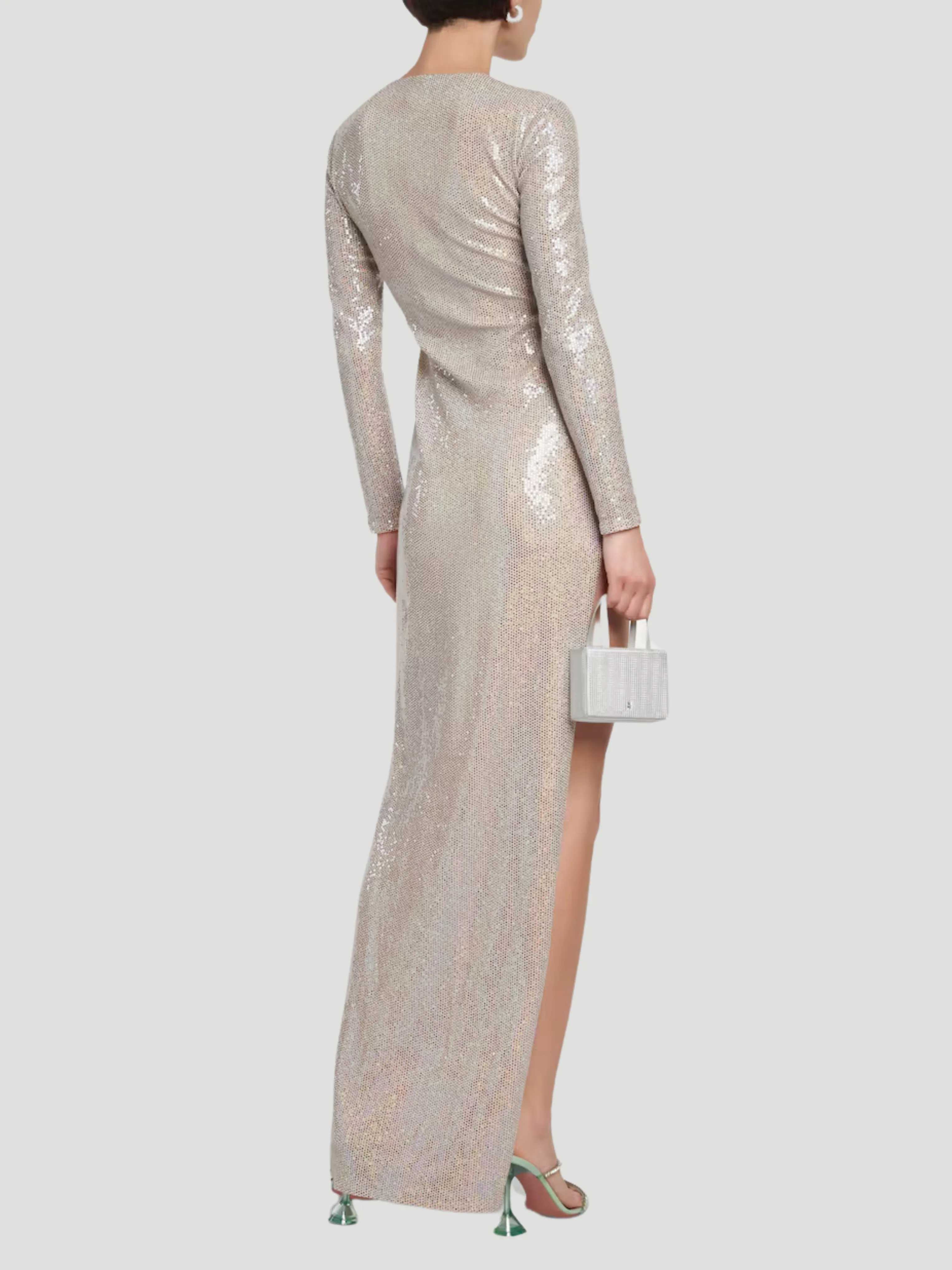 V-Neck Sequin Jersey Split Gown in Silver