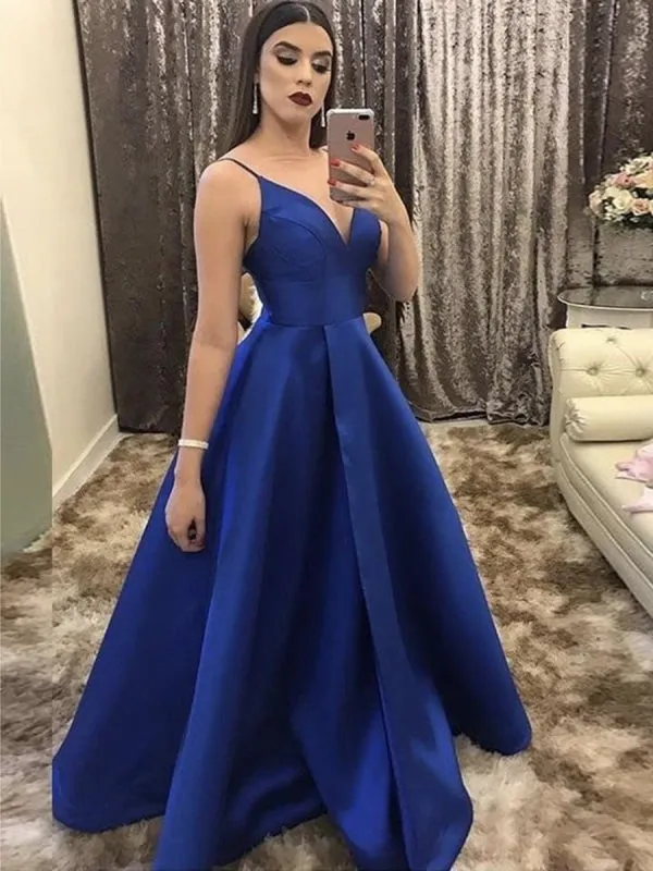 V Neck Spaghetti Straps Royal Blue Long Prom, V Neck Royal Blue Formal, Royal Blue Evening