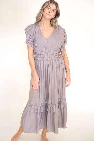Vanessa Ruffle Peplum Midi Dress (Smoke)