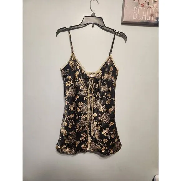 Victoria's Secret Size M Floral Black Gold BabyDoll Chemise Slip Nightie