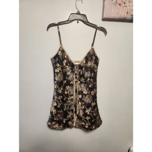 Victoria's Secret Size M Floral Black Gold BabyDoll Chemise Slip Nightie
