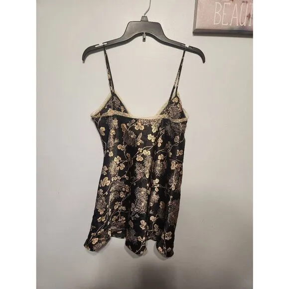 Victoria's Secret Size M Floral Black Gold BabyDoll Chemise Slip Nightie