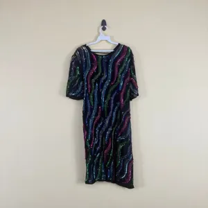 Vintage 80s Multicolor Sequin Party Dress Beaded Sheath Scoop Back Size Large