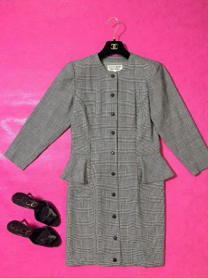 Vintage 80s "Hanae Mori New York" Houndstooth Peplum Dress - Best Fits Size XS-S