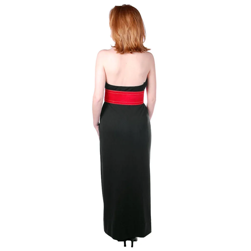 Vintage Geoffrey Beene  1970s Designer Dress Black Silk Halter Gown/ Red Silk Scarf