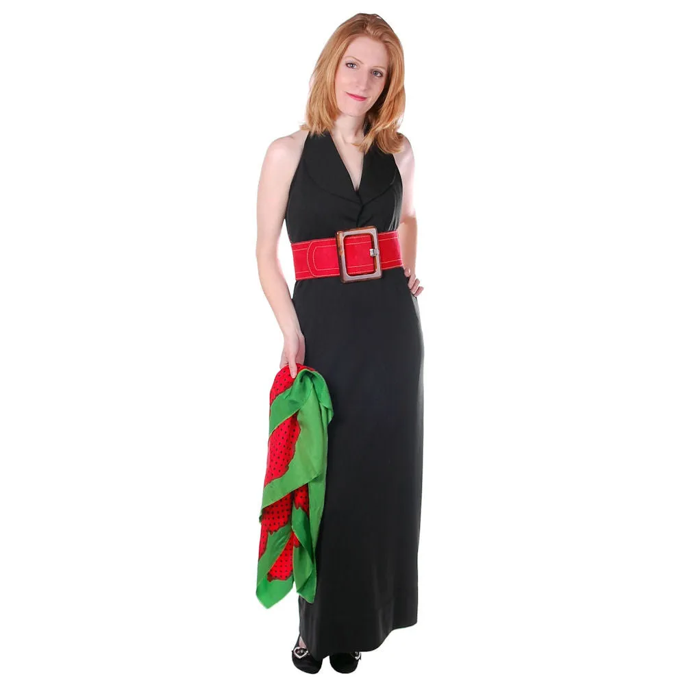 Vintage Geoffrey Beene  1970s Designer Dress Black Silk Halter Gown/ Red Silk Scarf