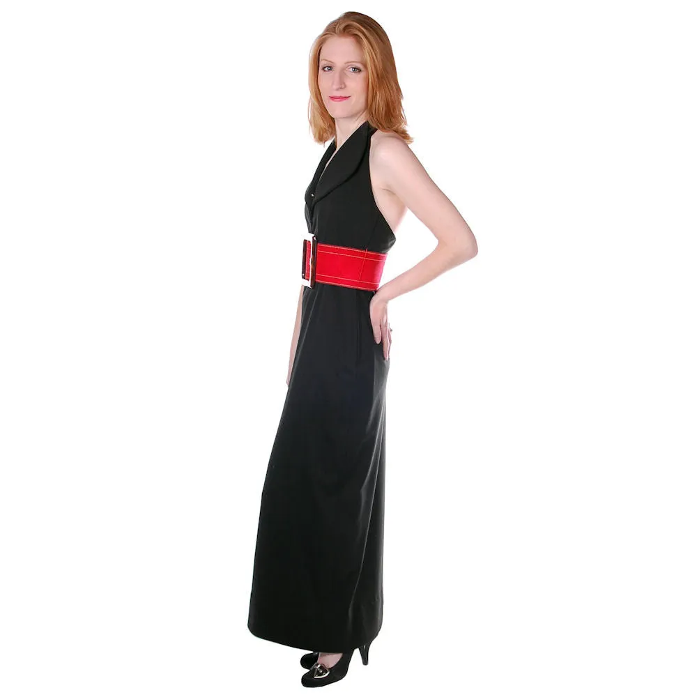 Vintage Geoffrey Beene  1970s Designer Dress Black Silk Halter Gown/ Red Silk Scarf