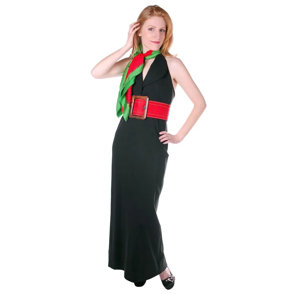 Vintage Geoffrey Beene  1970s Designer Dress Black Silk Halter Gown/ Red Silk Scarf