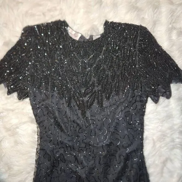 Vintage Laurence Kazar Black Silk Beaded Mini Dress