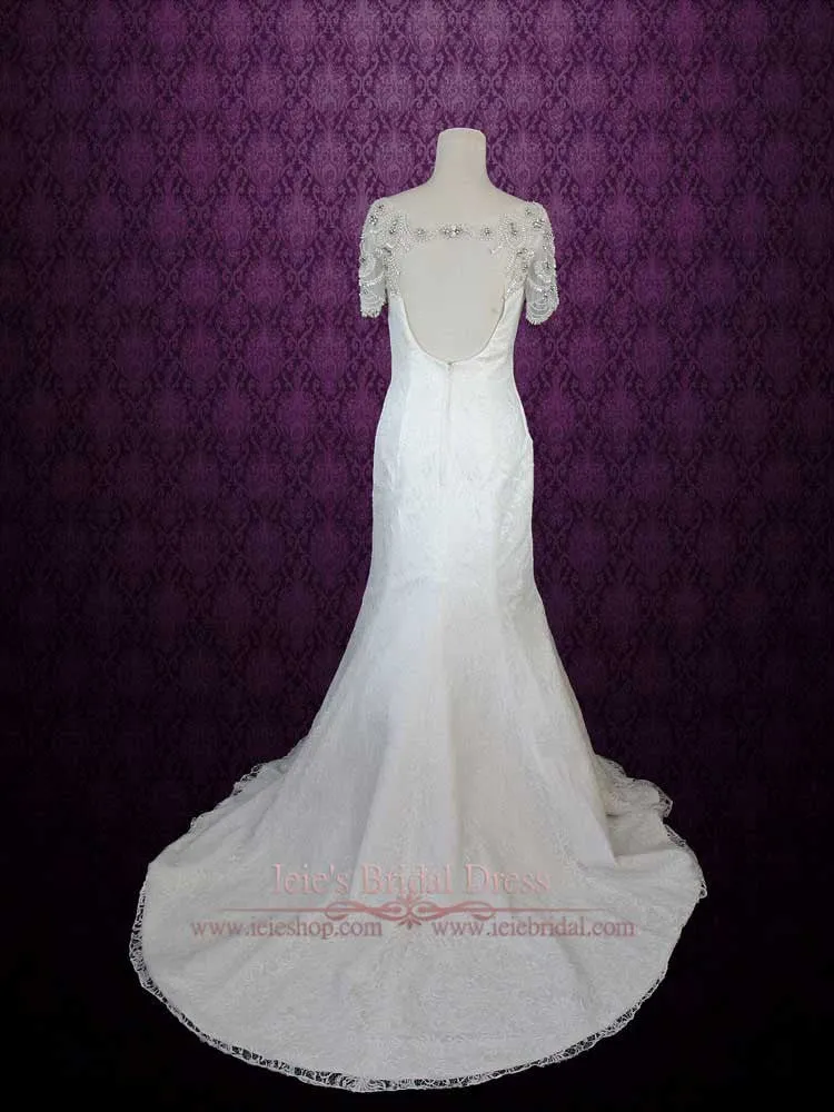 Vintage Style Jeweled Bateau Neckline Mermaid Lace Wedding Dress with Keyhole Back | Evan