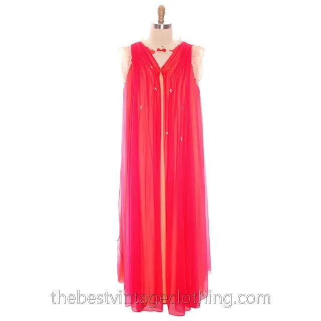 Vintage Sweeping Nylon Chiffon 2PC Peignoir Saks Fifth Ave Red Orange Eva Gabor 1960s