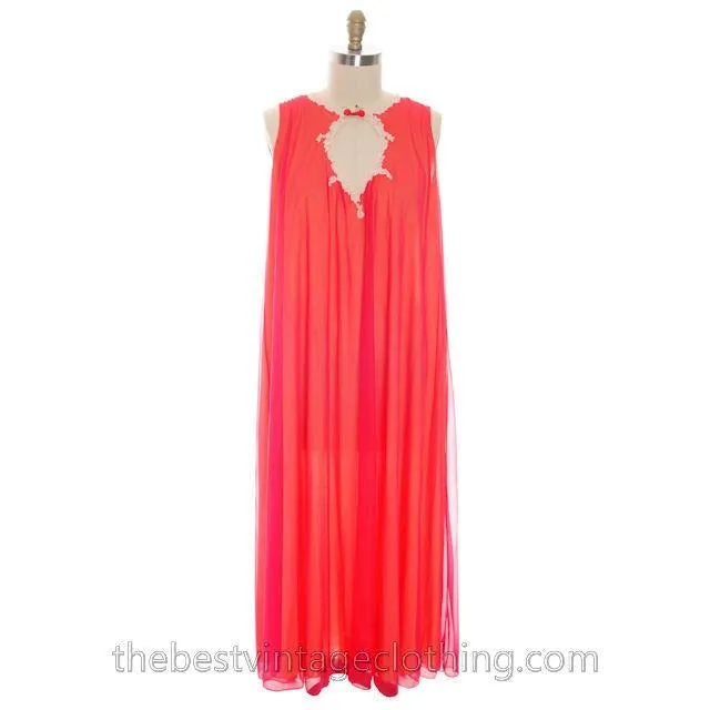 Vintage Sweeping Nylon Chiffon 2PC Peignoir Saks Fifth Ave Red Orange Eva Gabor 1960s