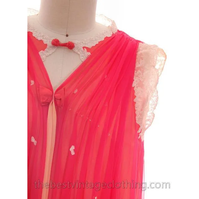 Vintage Sweeping Nylon Chiffon 2PC Peignoir Saks Fifth Ave Red Orange Eva Gabor 1960s