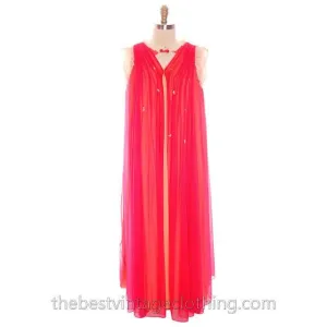 Vintage Sweeping Nylon Chiffon 2PC Peignoir Saks Fifth Ave Red Orange Eva Gabor 1960s