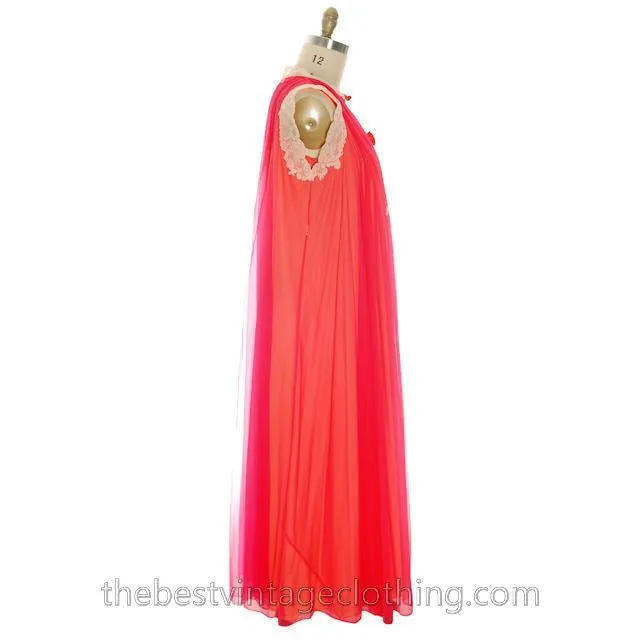 Vintage Sweeping Nylon Chiffon 2PC Peignoir Saks Fifth Ave Red Orange Eva Gabor 1960s