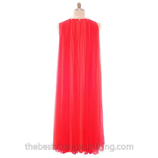 Vintage Sweeping Nylon Chiffon 2PC Peignoir Saks Fifth Ave Red Orange Eva Gabor 1960s