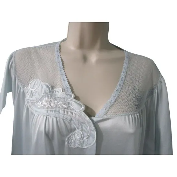 Vintage Vanity Fair Light Ice Blue Dressing Gown Lace Floral Applique L XL EUC