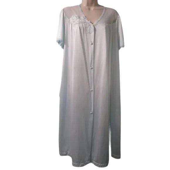 Vintage Vanity Fair Light Ice Blue Dressing Gown Lace Floral Applique L XL EUC