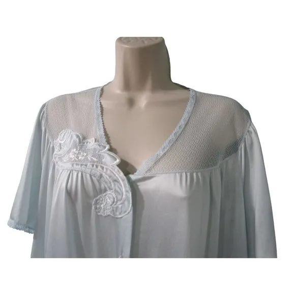Vintage Vanity Fair Light Ice Blue Dressing Gown Lace Floral Applique L XL EUC