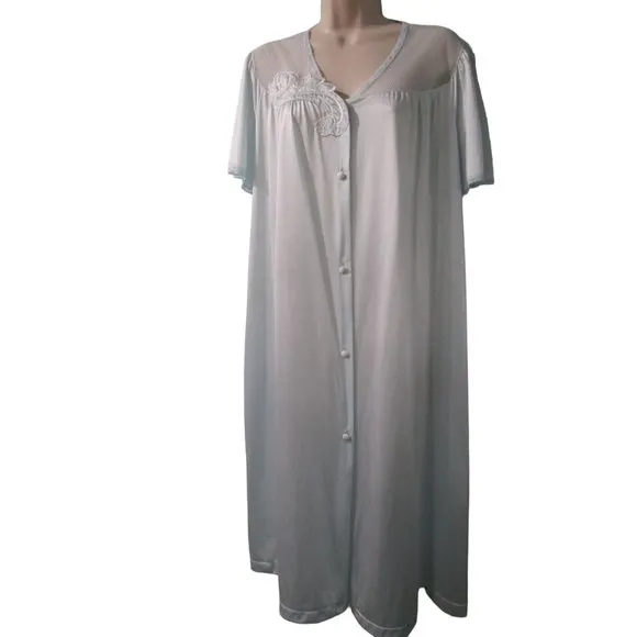Vintage Vanity Fair Light Ice Blue Dressing Gown Lace Floral Applique L XL EUC