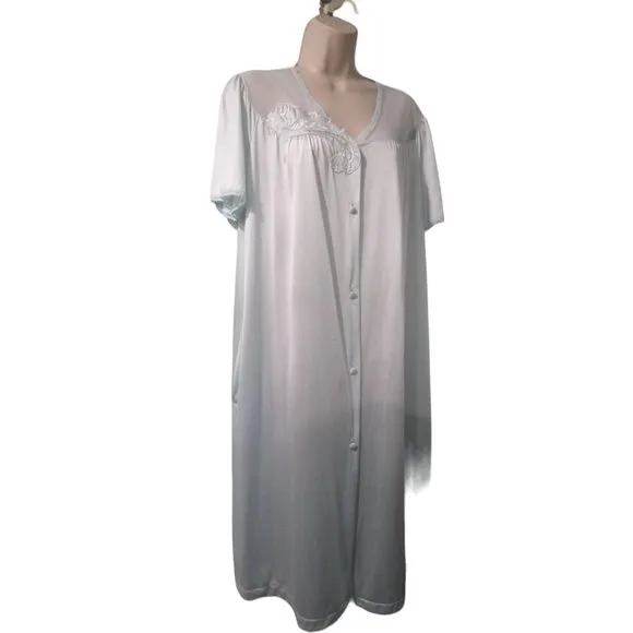 Vintage Vanity Fair Light Ice Blue Dressing Gown Lace Floral Applique L XL EUC