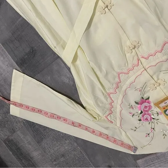 Vtg 50s Peacock Chinese Pastel Yellow Embroidered Floral Mandarin Collar Gown