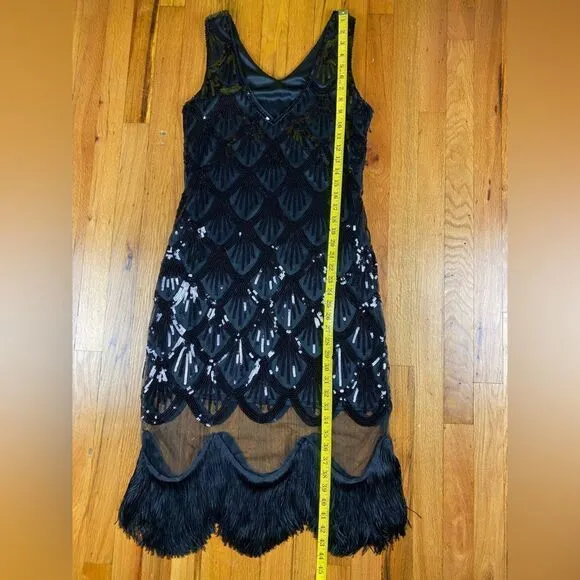 VTG Sequin Dress Size Medium Black With Thick Fringe