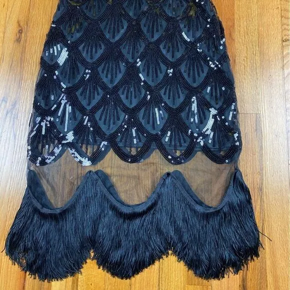 VTG Sequin Dress Size Medium Black With Thick Fringe