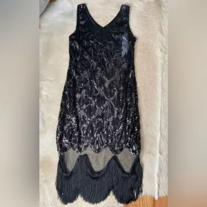 VTG Sequin Dress Size Medium Black With Thick Fringe