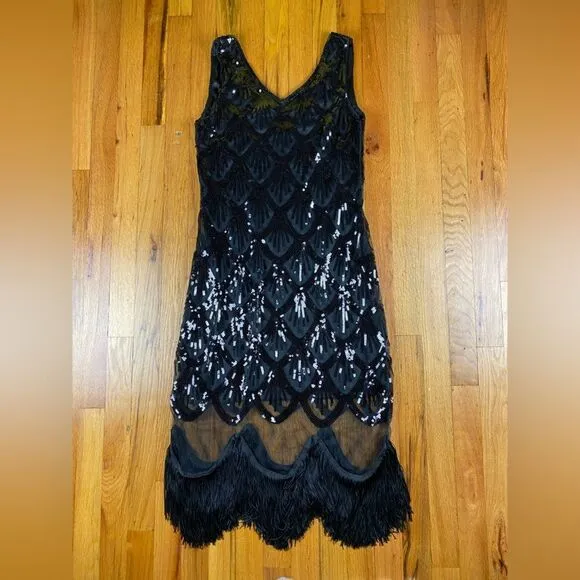 VTG Sequin Dress Size Medium Black With Thick Fringe