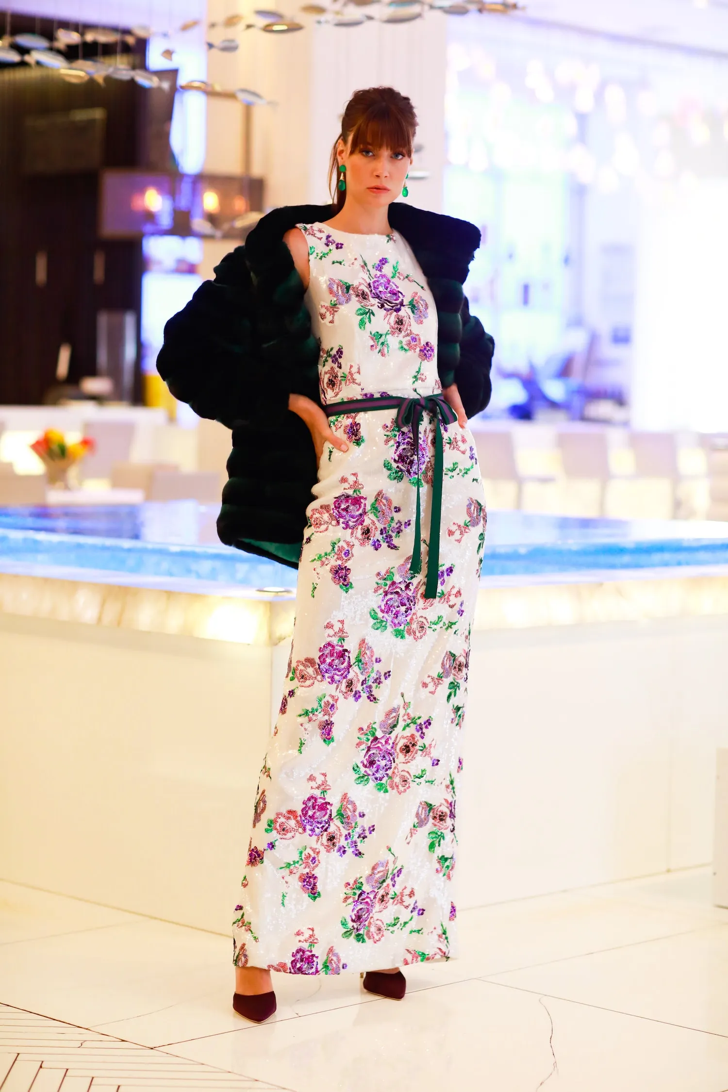 White and Floral Sequin Straight Long Gown