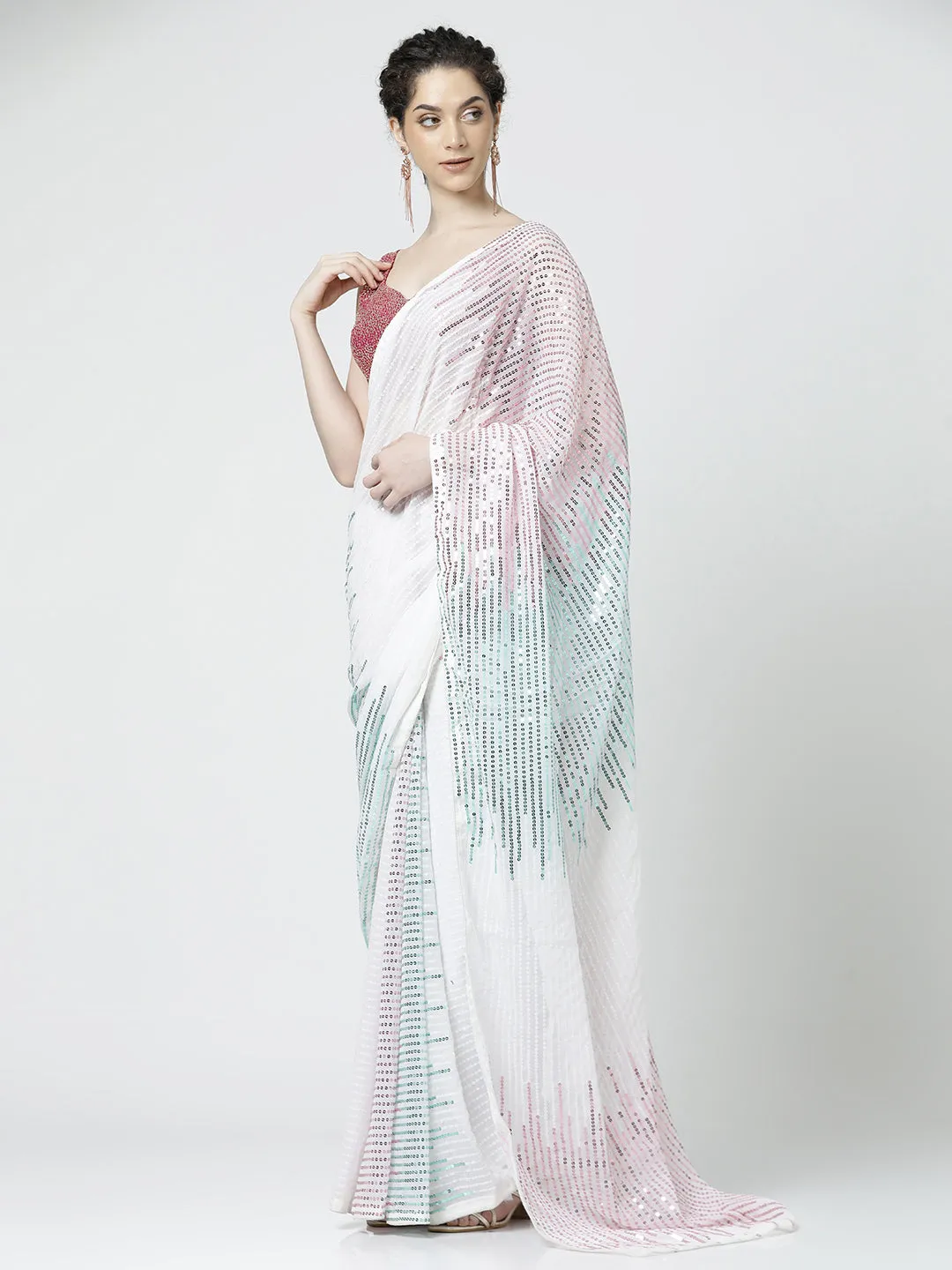 White Georgette Sequin Embroidered Party Wear Saree