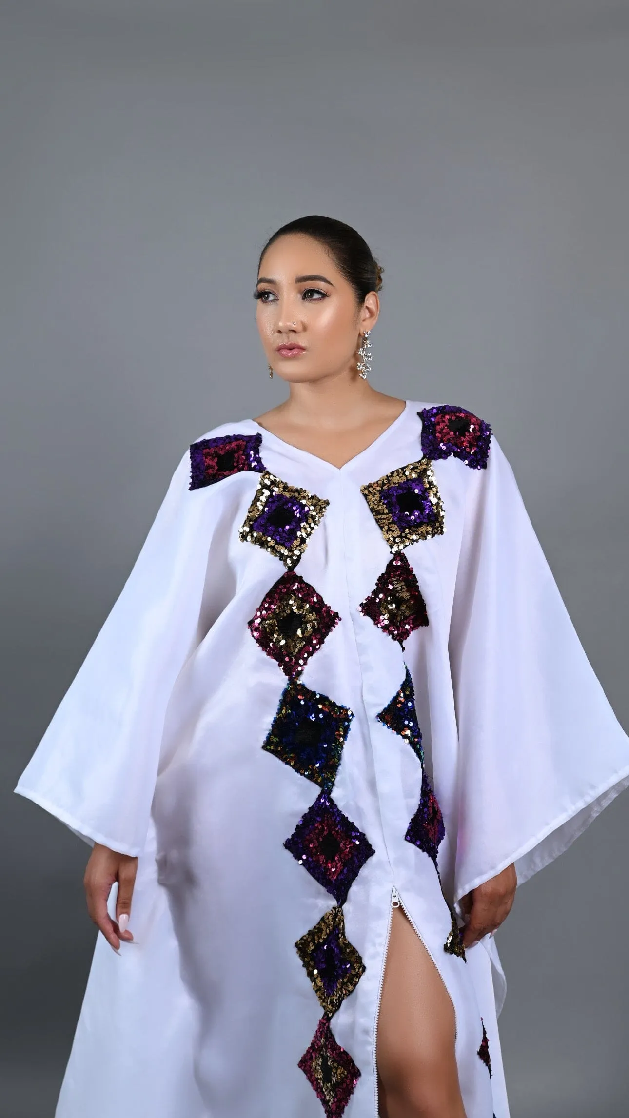 White kaftan Boubou maxi dress with cut out sequin.