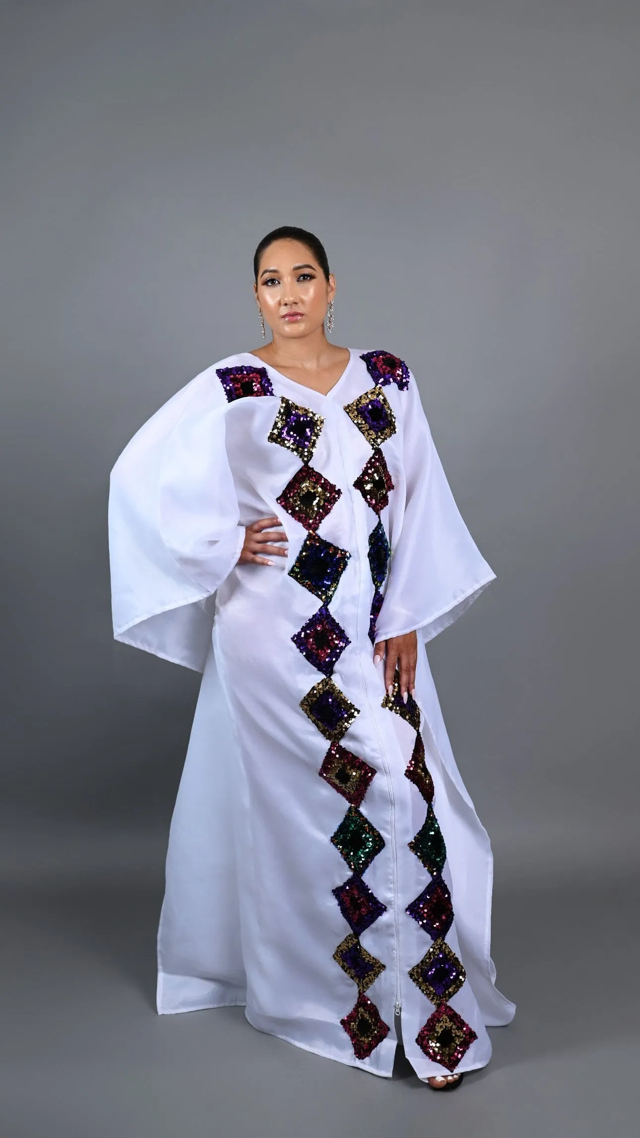 White kaftan Boubou maxi dress with cut out sequin.